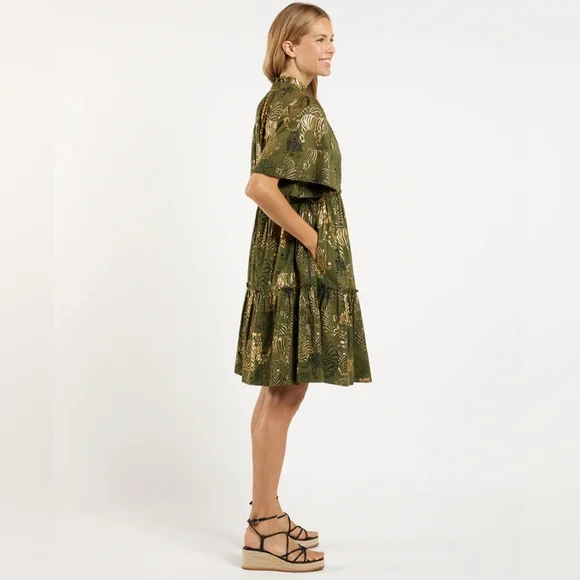 NWT Jude Connally Shirley Dress Cotton Voile Tiered Olive Mini Dress Size M - Picture 4 of 14